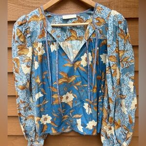 Ulla Johnson Graphic Blue and Gold Puff Sleeve Blouse